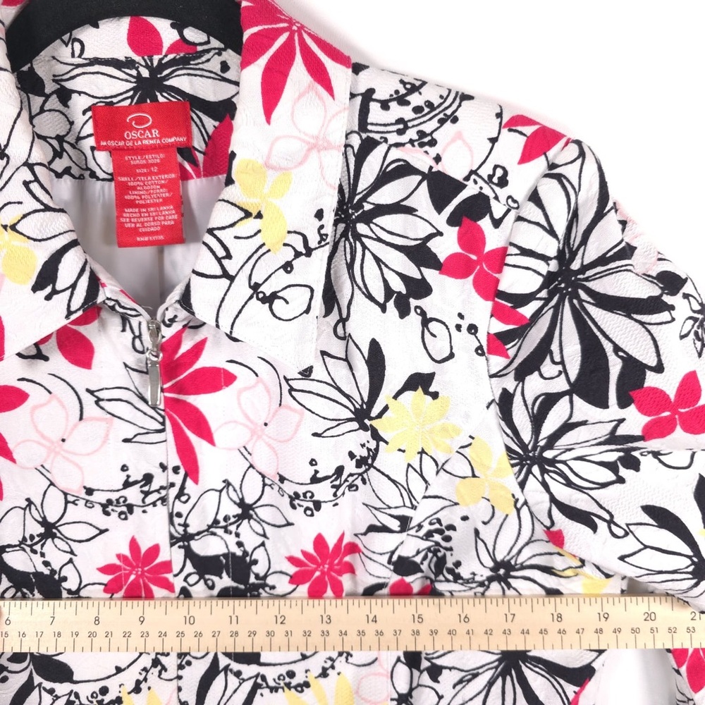 OSCAR DE LA RENTA Full Zip Floral Blazer Jacket Cotton Size 12 White Multicolor - Picture 5 of 13